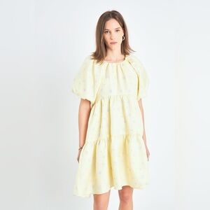 ENGLISH FACTORY Floral Jacquard Tiered Midi High Low Dress Yellow Blue Small